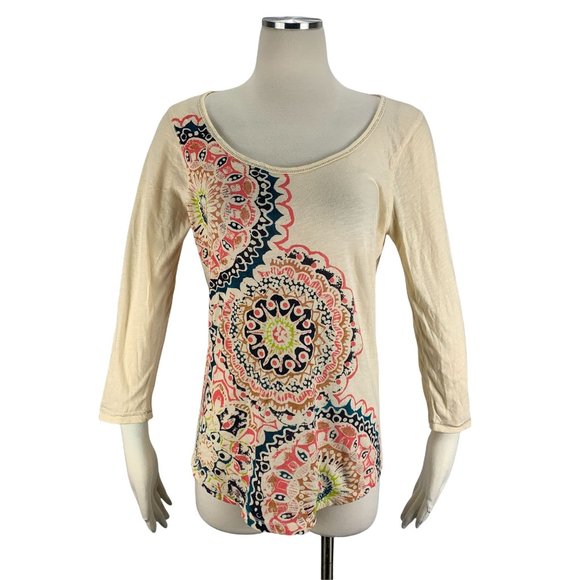 Lucky Brand Medium Top 3/4 Sleeve Boho Ivory Geometric Pattern - Picture 1 of 5